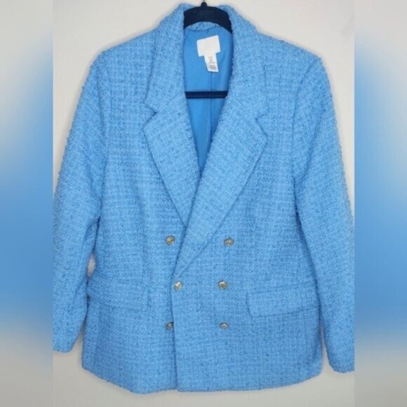 H&M Blue Tweed Double Breasted Bouclé Jacket Long Sleeve M - Picture 5 of 7
